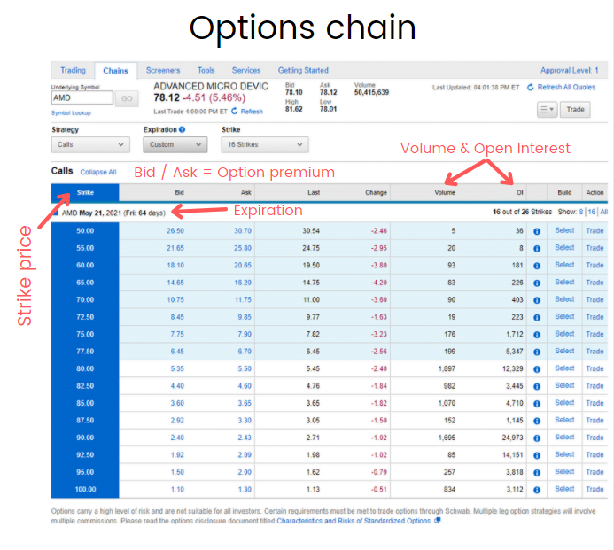 An example of an options chain with relevant terms highlighted.